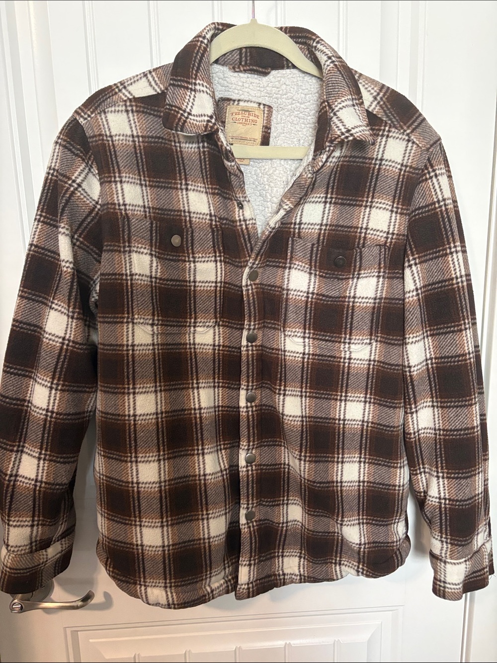 Telluride Clothing Co Men’s M Plaid Sherpa Lined Shacket Jacket Brown Cream